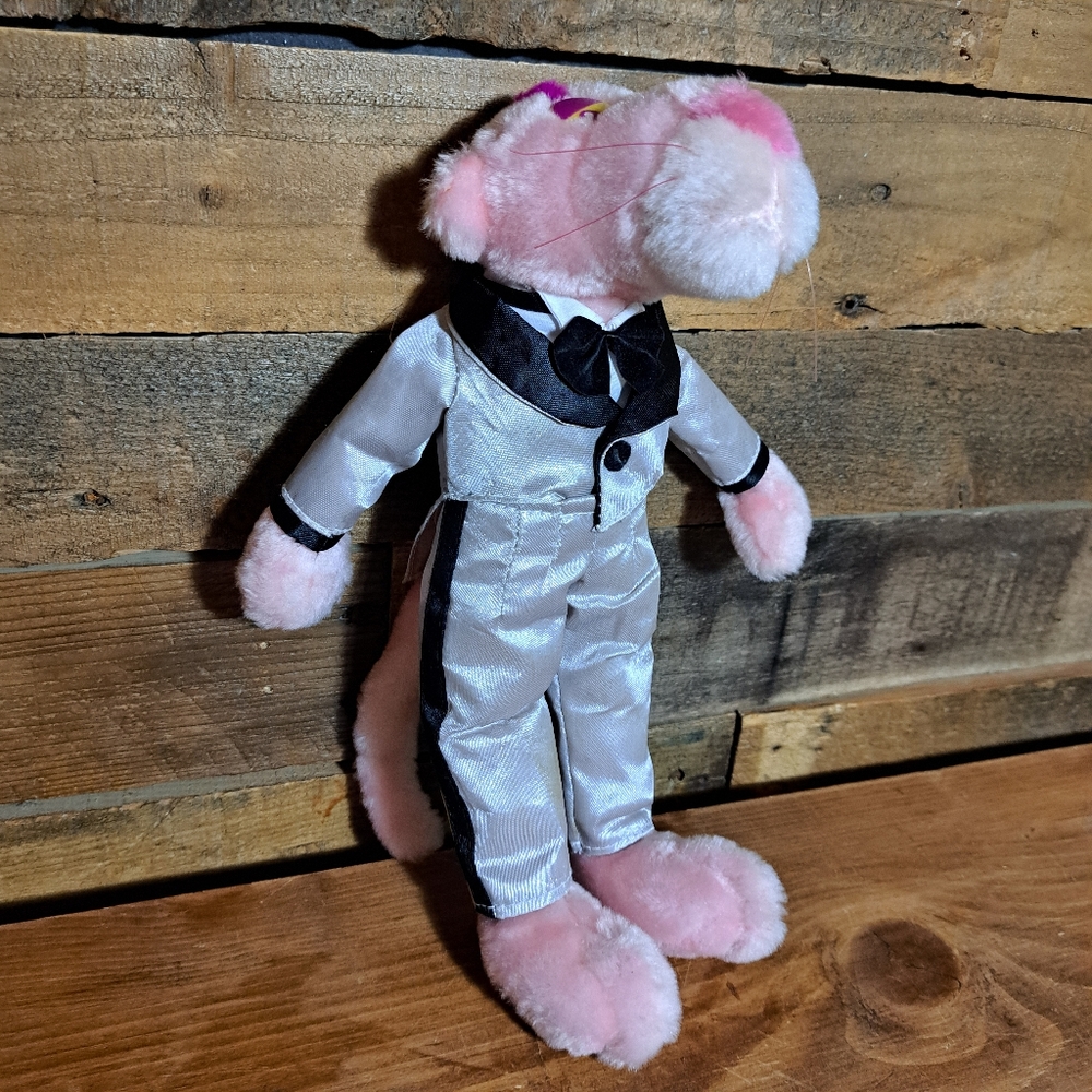 Pink Plush Panther Style Stuffed Animal in Silver Tuxedo